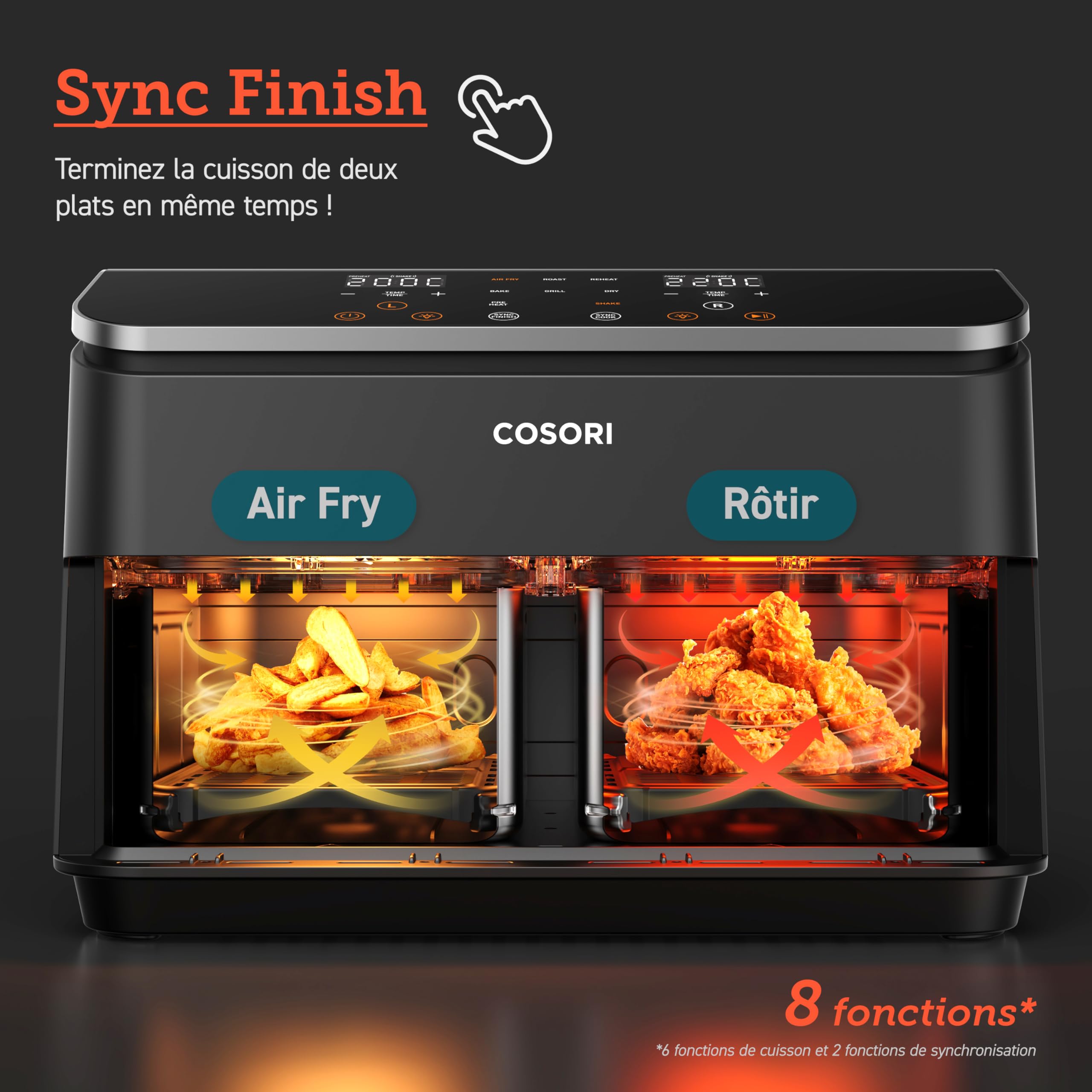 COSORI 8.5L Dual Zone Air Fryer - Oil Free Deep Fryer with 55% Energy Saving, 85% Less Oil - Large Capacity for 8 People - Sync Cooking at 35-230°C - Includes Recipe Book - Perfect for Family Meals, Healthy Snacks and Party Cooking
