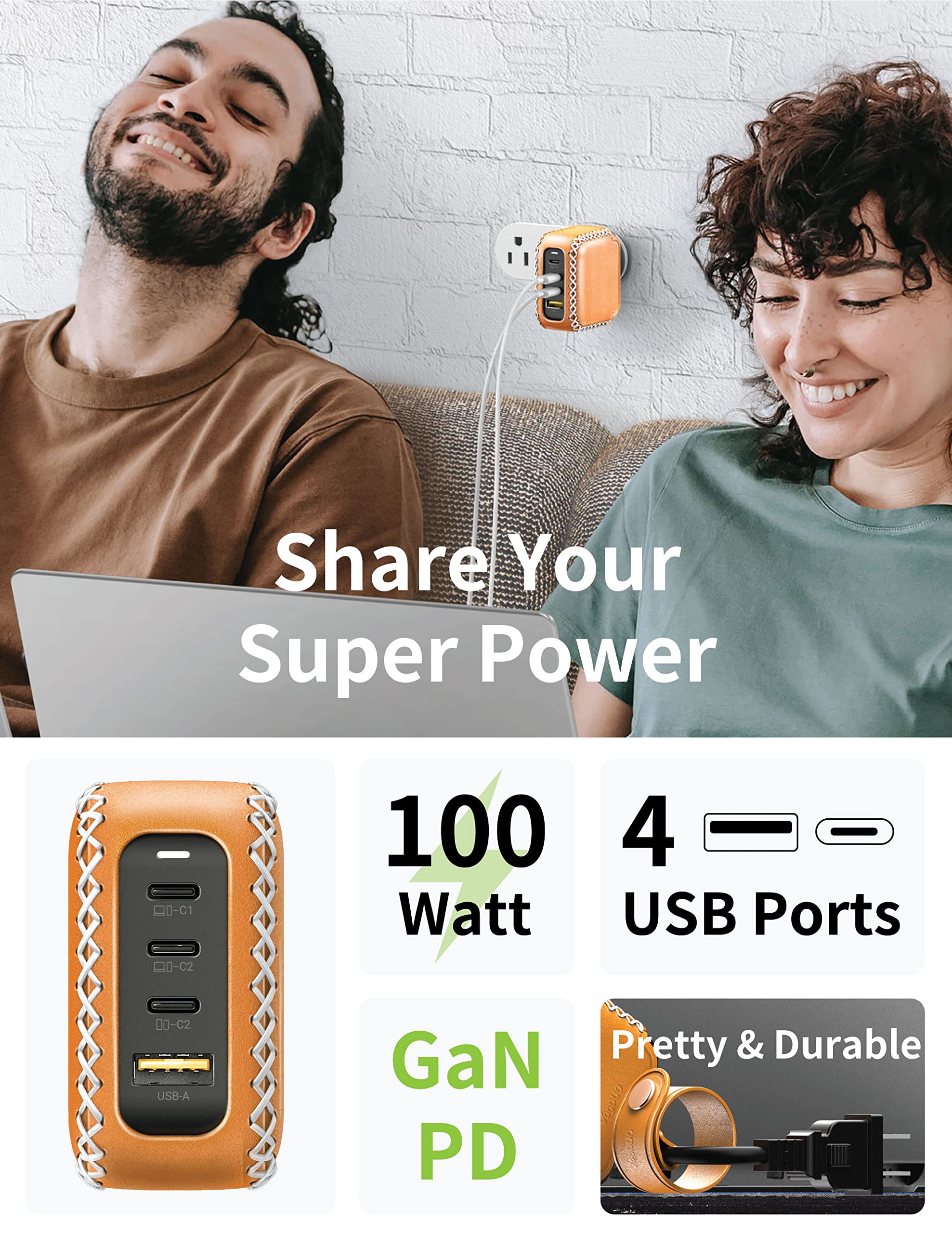 100W GaN PD Fast Charging Power Adapter with 4 USB C Ports & Foldable Plug - 5ft Leather Extension Cable for MacBook Air, iPad Pro, iPhone - Perfect for Home, Office & Travel (Tan/Brown)