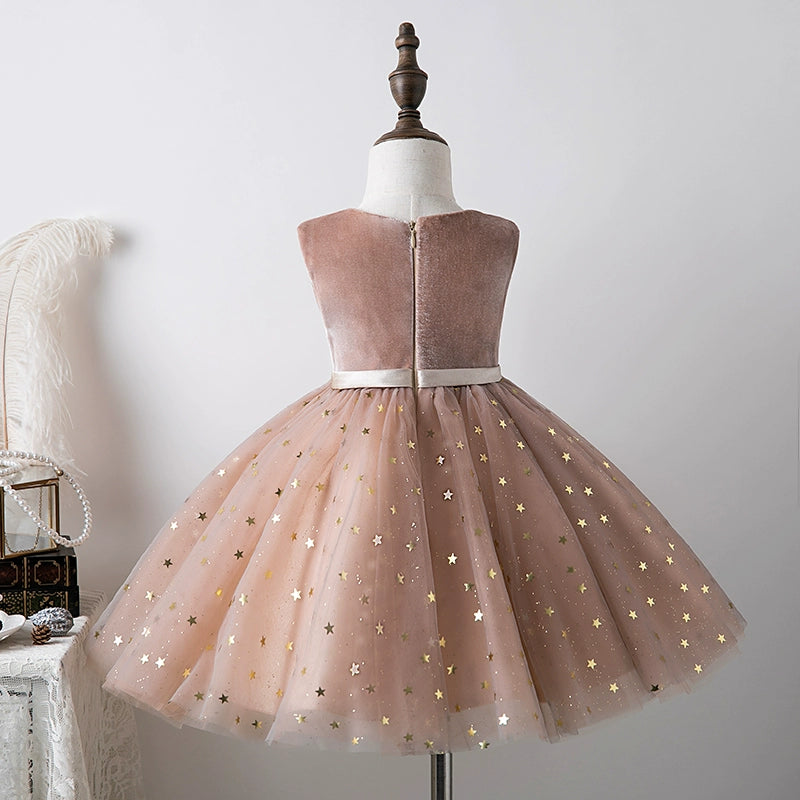 Champagne Princess Round Tea Length Tulle Flower Girl Dress for Weddings, Birthday Parties & Special Occasions