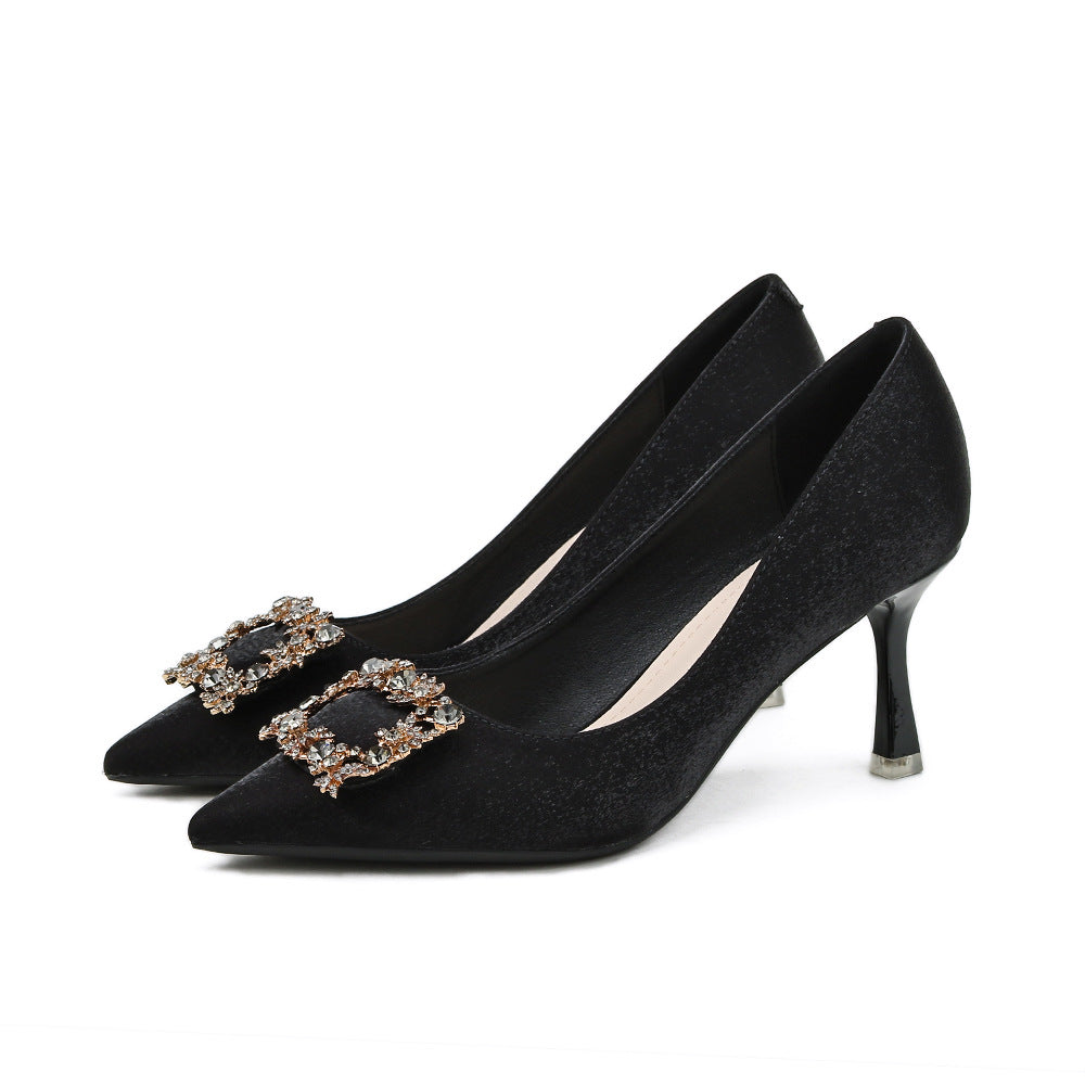 2025 Rhinestone Square Buckle Wedding Shoes for Bride & Bridesmaid - Women's Pointed Toe Red Banquet High Heels (7cm Thin Heel) | Perfect for Chinese Xiuhe Outfits, Western Ceremonies & Formal Events