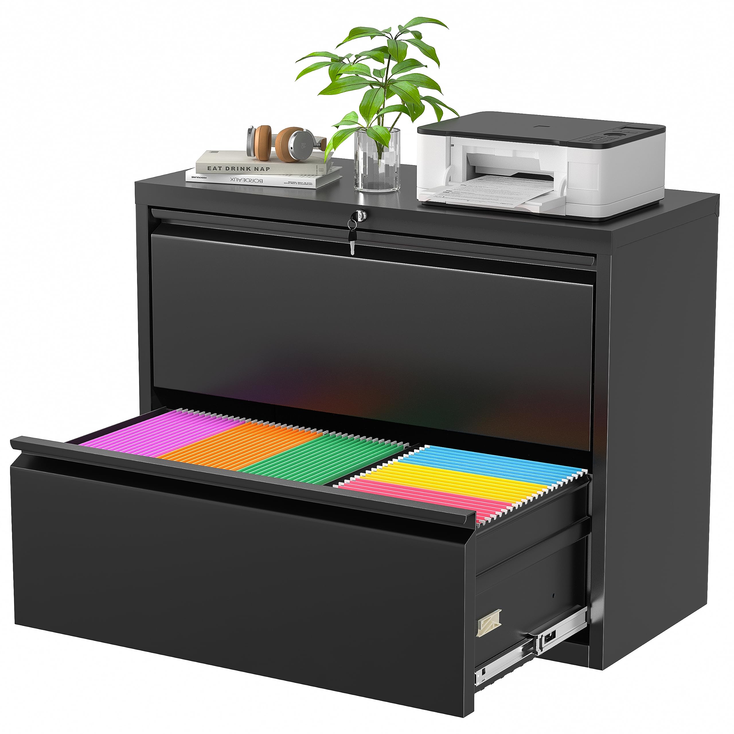 Superday 2-Drawer Metal Lateral File Cabinet with Lock - Black Lockable Filing Cabinet for Home Office, Legal, Letter & A4 Documents - Secure Storage for Hanging Files | Perfect for Office Organization & Document Protection