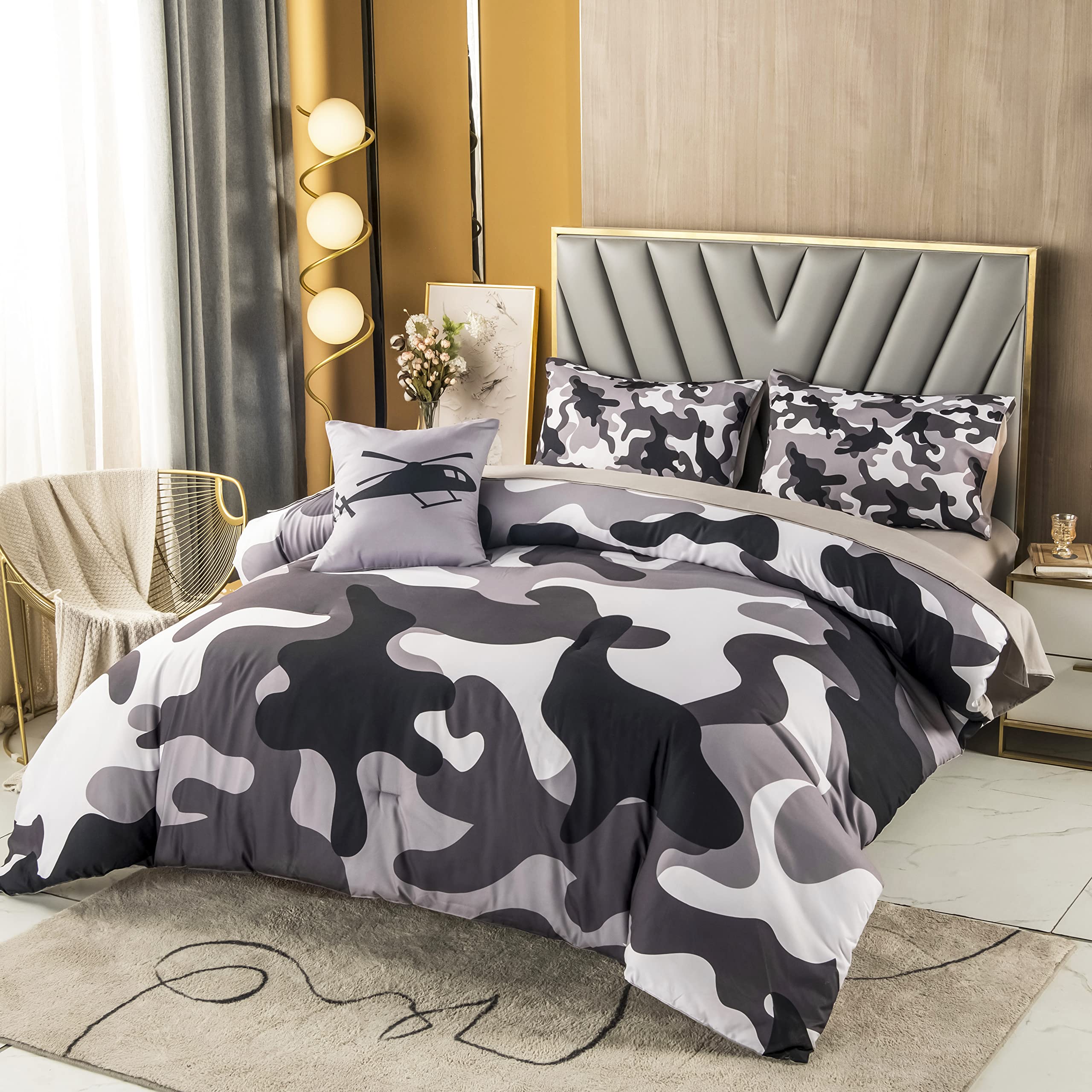 PERFEMET 6-Piece Grey Camo Comforter Bedding Set Twin Size - Army Camouflage Design Soft Lightweight All-Season Bedding for Kids & Boys - Perfect for Bedroom, Dorm Room, and Military-Themed Decor (Twin, Grey)