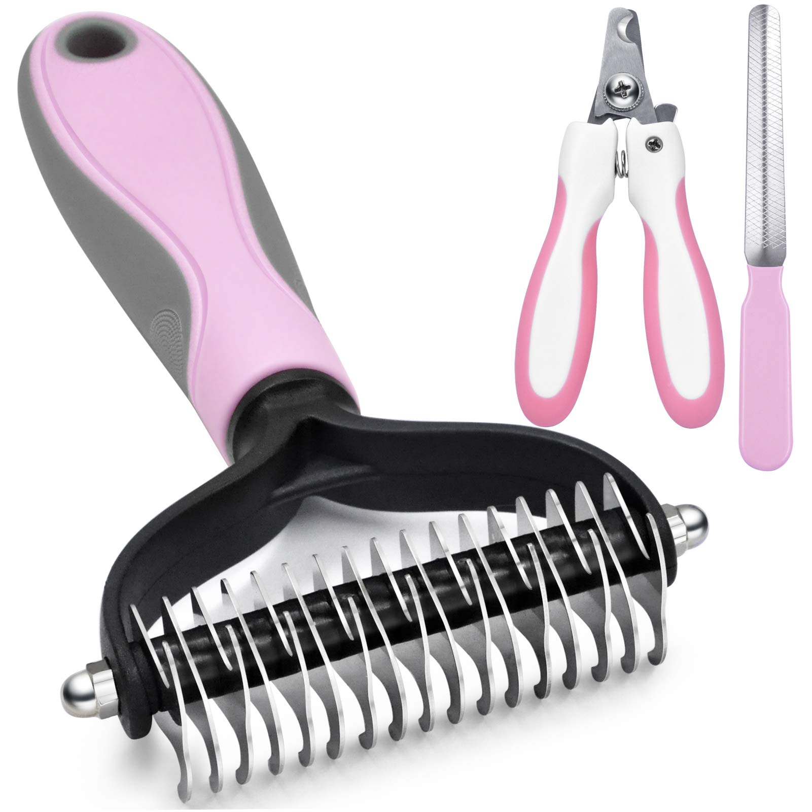GOESWELL Double Sided Dog Brush for Shedding & Dematting - Undercoat Rake for Dogs & Cats - Grooming Tool Kit with Nail Clippers & File (3 Pack, Pink) - Perfect for Pet Hair Removal & Daily Grooming at Home