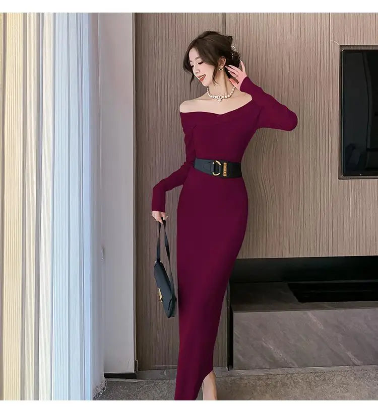 Beige Knit Sweater Dress for Women - Autumn Winter Long Sleeve V-Neck Slim Fit High Waist Elegant Party Dress (Black, Red) - Perfect for Evening Events, Date Nights & Holiday Gatherings