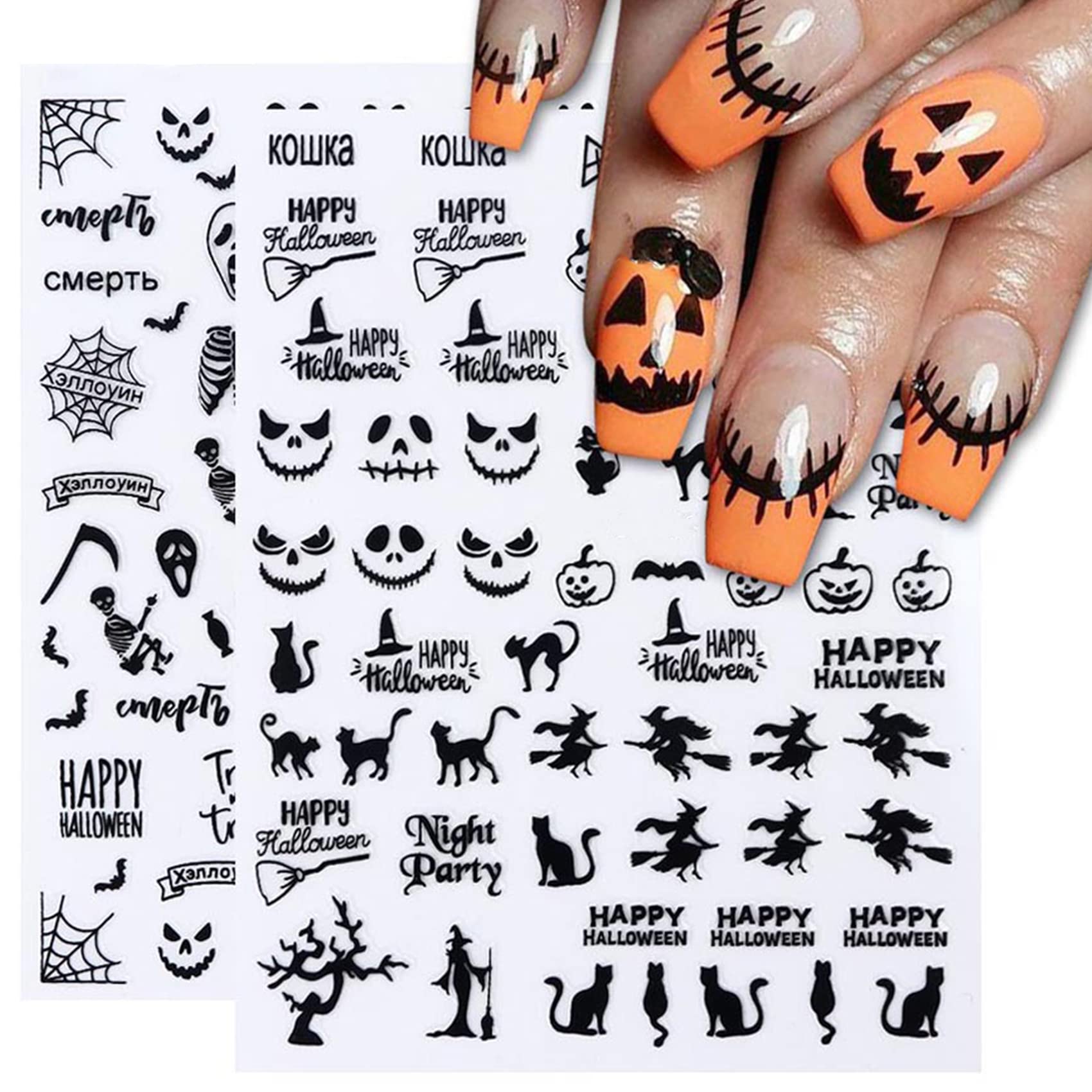 TailaiMei Halloween Nail Stickers - 9 Sheets Self-Adhesive Black Nail Art Decals for DIY Horror Nail Designs, Spooky Manicure Decorations (Black Style) | Perfect for Halloween Parties, Cosplay Events & Gothic Nail Art Lovers