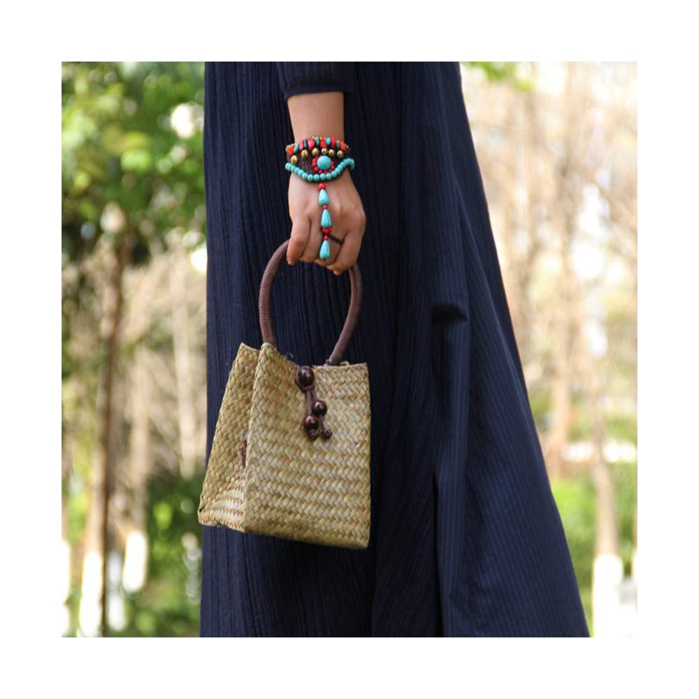 Mini Retro Straw Handbag - Boho Rattan Tote with Wood Bead Tassel for Beach & Travel