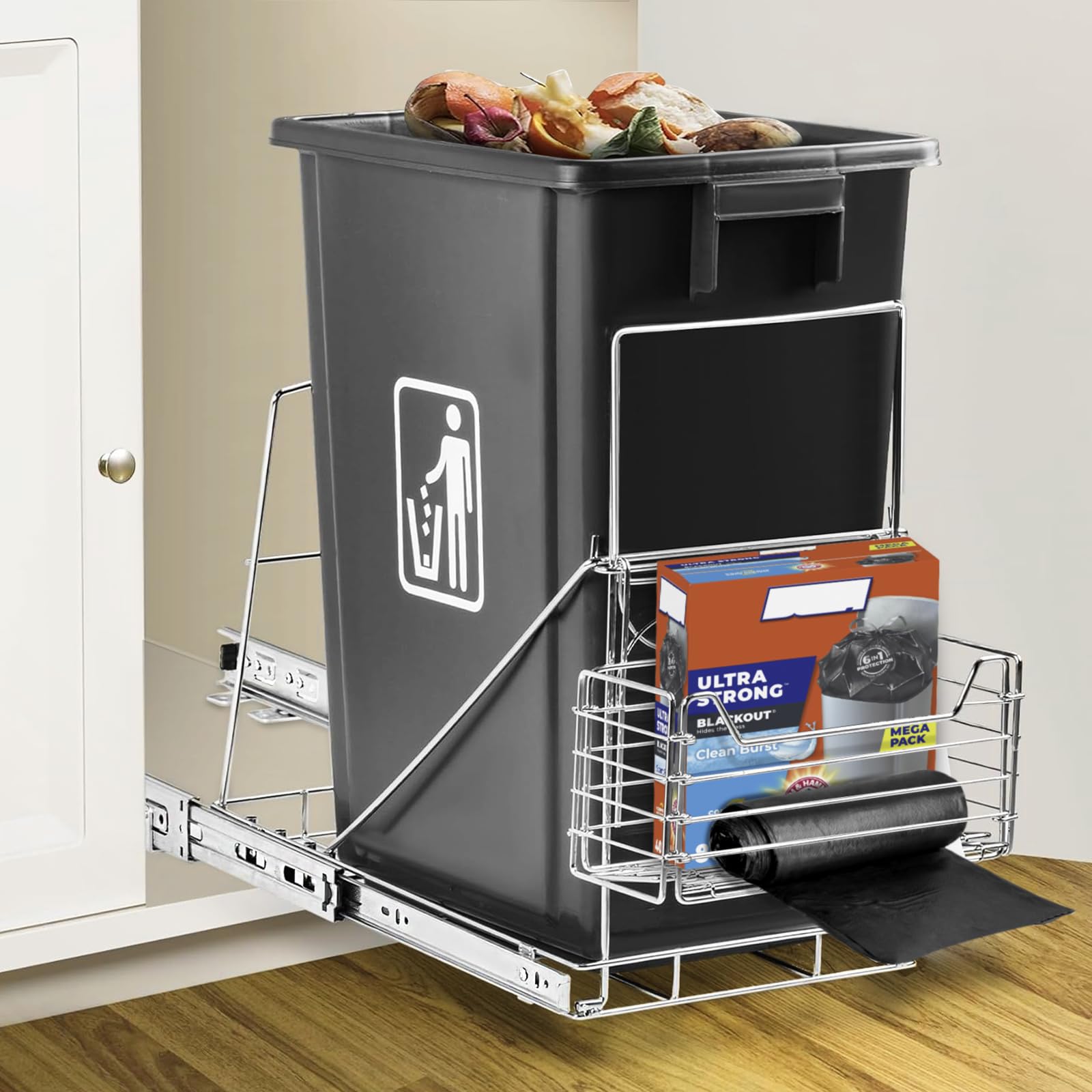 Pull Out Trash Can Under Cabinet - Adjustable Sliding Kitchen Waste Bin for Under Sink, 13 Gallon Stainless Steel (Silver) - Perfect for Small Spaces & Cabinet Organization