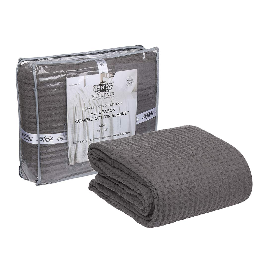 HILLFAIR 100% Combed Cotton King Size Blanket – Soft, Breathable & Lightweight for All Seasons – Waffle Weave Grey Bed Blanket for Home Decor – Perfect for Summer, Winter & Cozy Nights