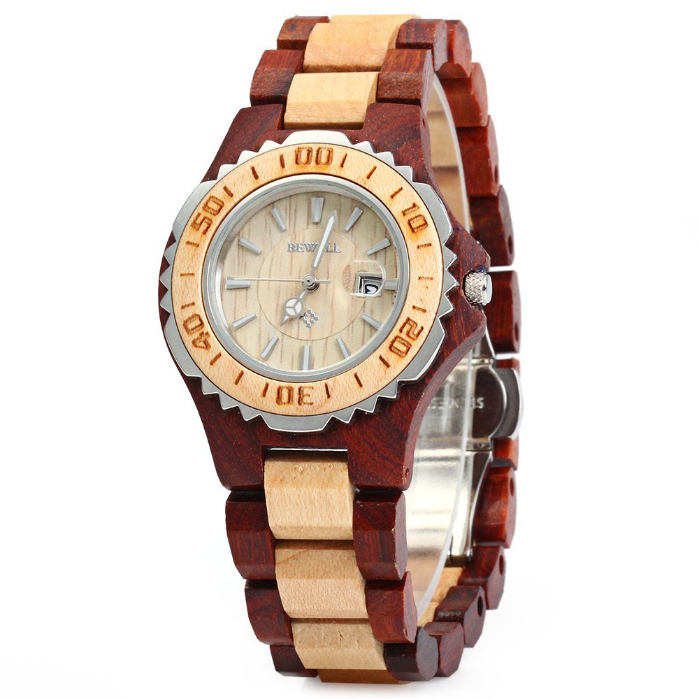 BEWELL Women's Wooden Watch - Date Quartz Wristwatch with Luminous Hands for Casual & Office Wear