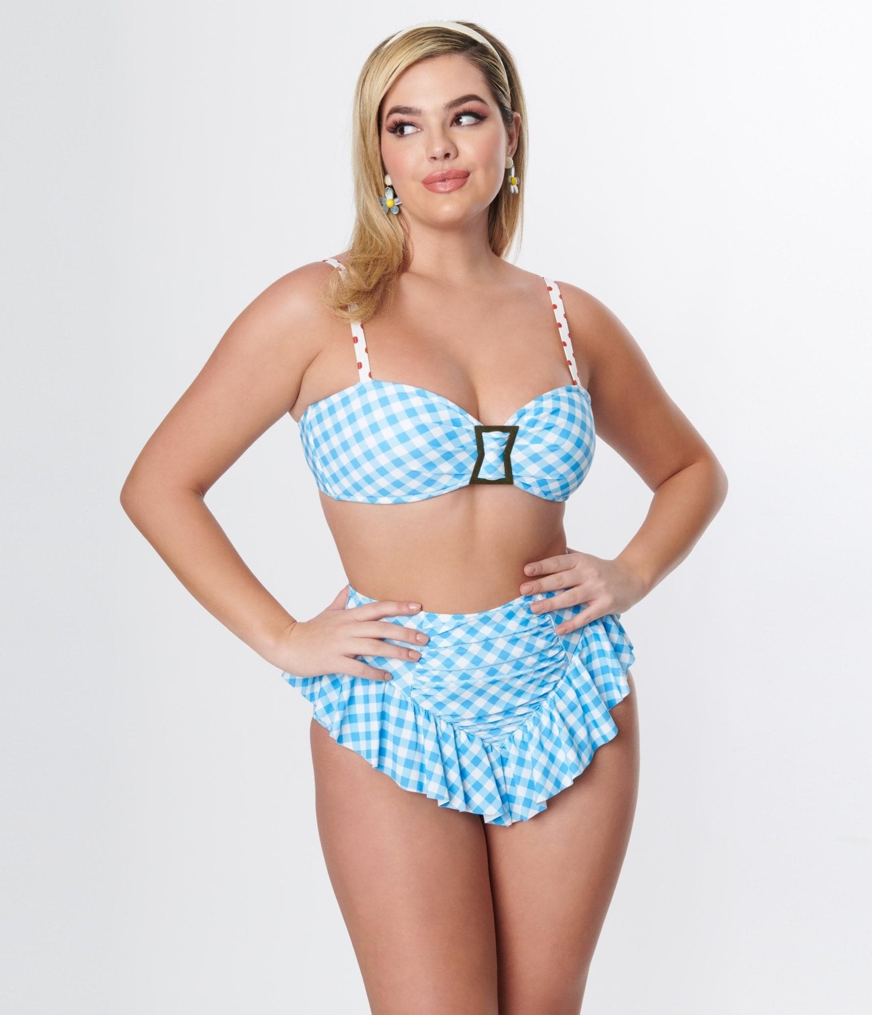 Vintage Blue Gingham Buckle Swim Top for Women - Retro Style Adjustable Bathing Suit Top - Perfect for Beach, Pool, and Summer Vacations