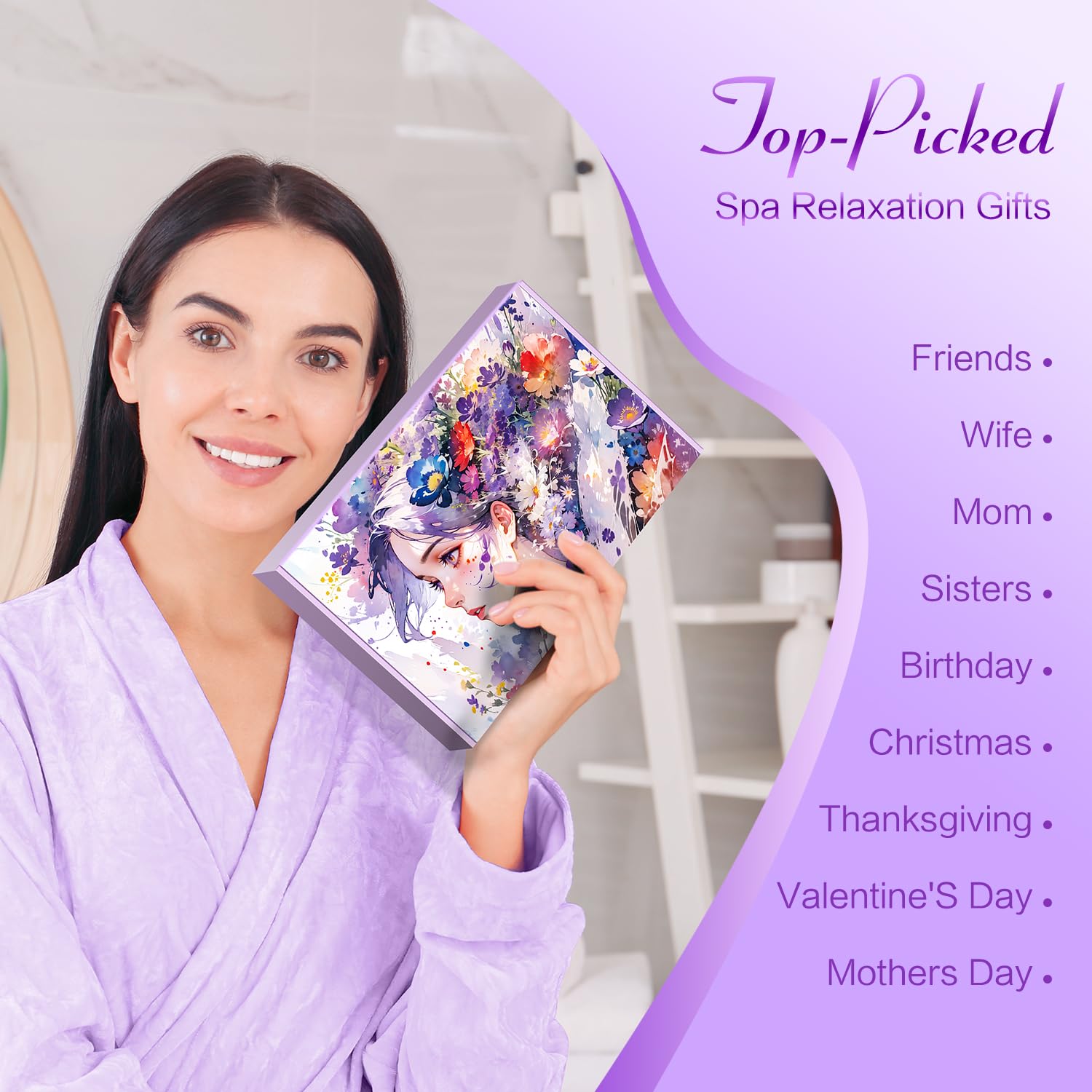 Unique Spa Relaxation Self Care Gift Basket for Women - 8P Purple Birthday, Friendship, Get Well Soon Gift for Best Friend, Mom, Wife, Sister - Perfect for Christmas, Valentine's Day & Mother's Day - Home Spa & Stress Relief Gift Set
