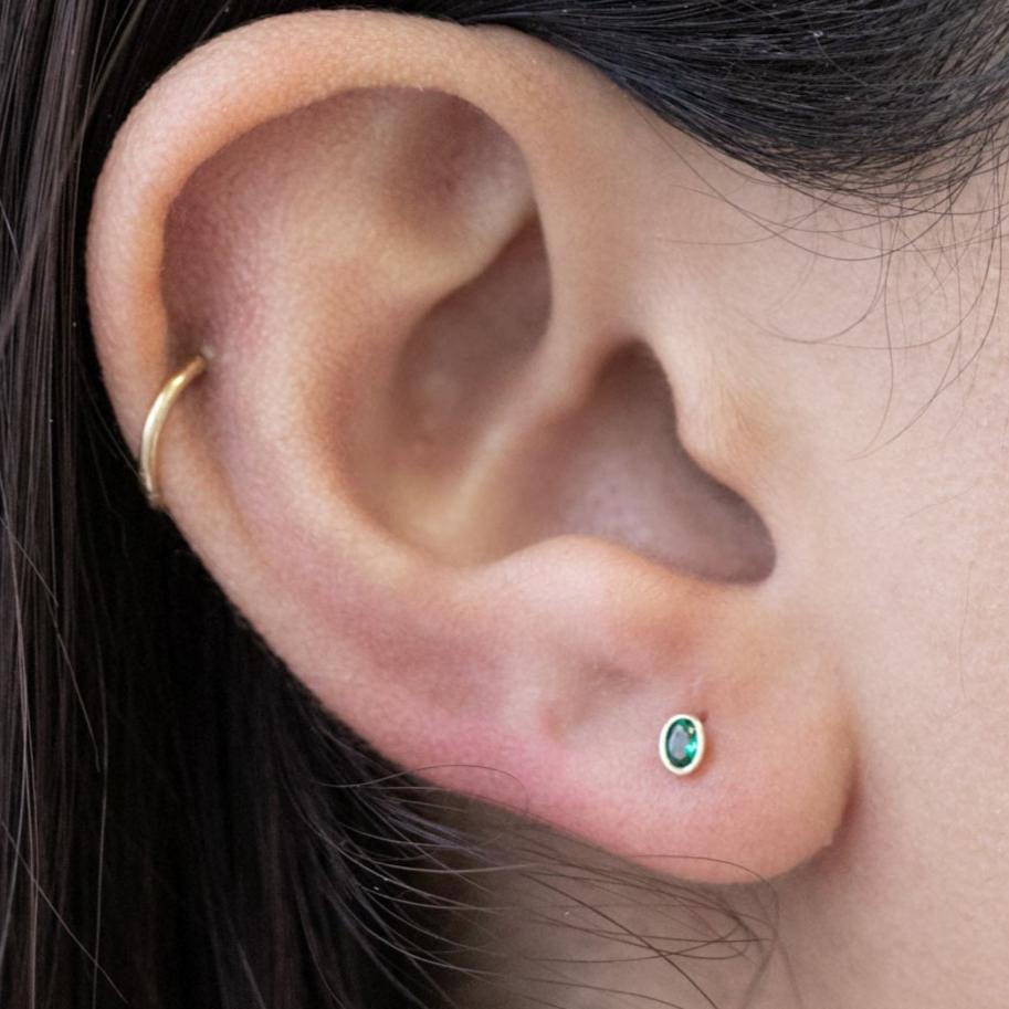 14K Yellow Gold Oval Emerald Stud Earrings - Bezel Set Flat Back for Secure Wear | Perfect for Daily Use, Gifts & Special Occasions