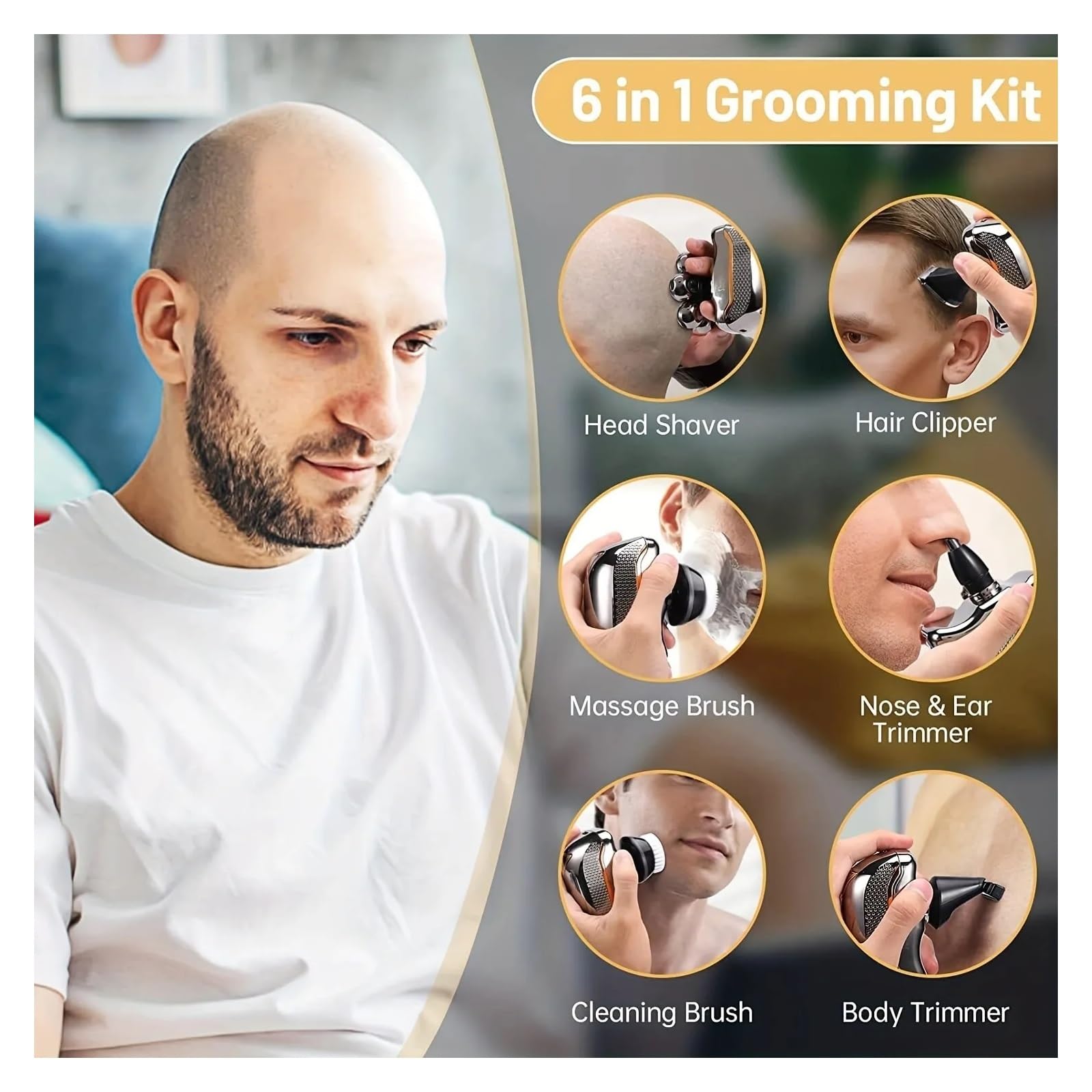 Rechargeable Electric Head Shaver for Men - 6-in-1 Waterproof Cordless Bald Head Shaver & Beard Trimmer Kit - Wet/Dry Use for Smooth Shaving at Home, Travel & Gym