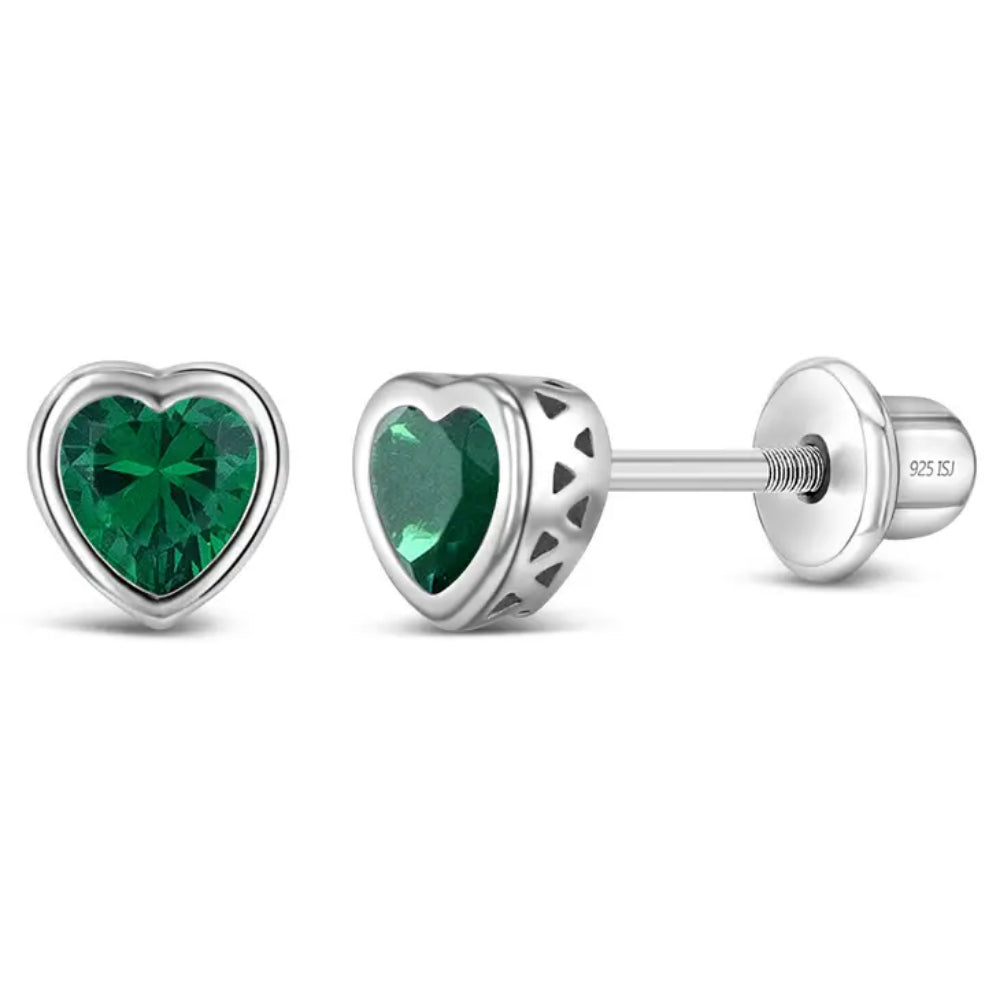 May Birthstone Sterling Silver CZ Heart Stud Earrings for Kids - Perfect Gift for Birthdays, Baby Showers & Special Occasions