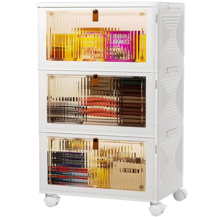 3 Tier Plastic Storage Bins with Lids 36QT - Stackable, Collapsible Storage Containers with Wheels - Foldable Storage Boxes for Closet, Living Room, Office & Dorm Organization - Space Saving Home Storage Solution