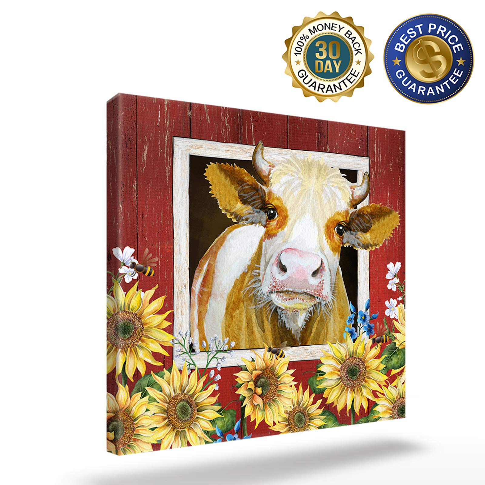 Sunflower Cow Canvas Wall Art - 24x24 Inch Framed Farmhouse Painting for Living Room & Kitchen Decor - Rustic Barn Animal Picture Ready to Hang - Perfect for Country Style Homes & Farmhouse Aesthetic