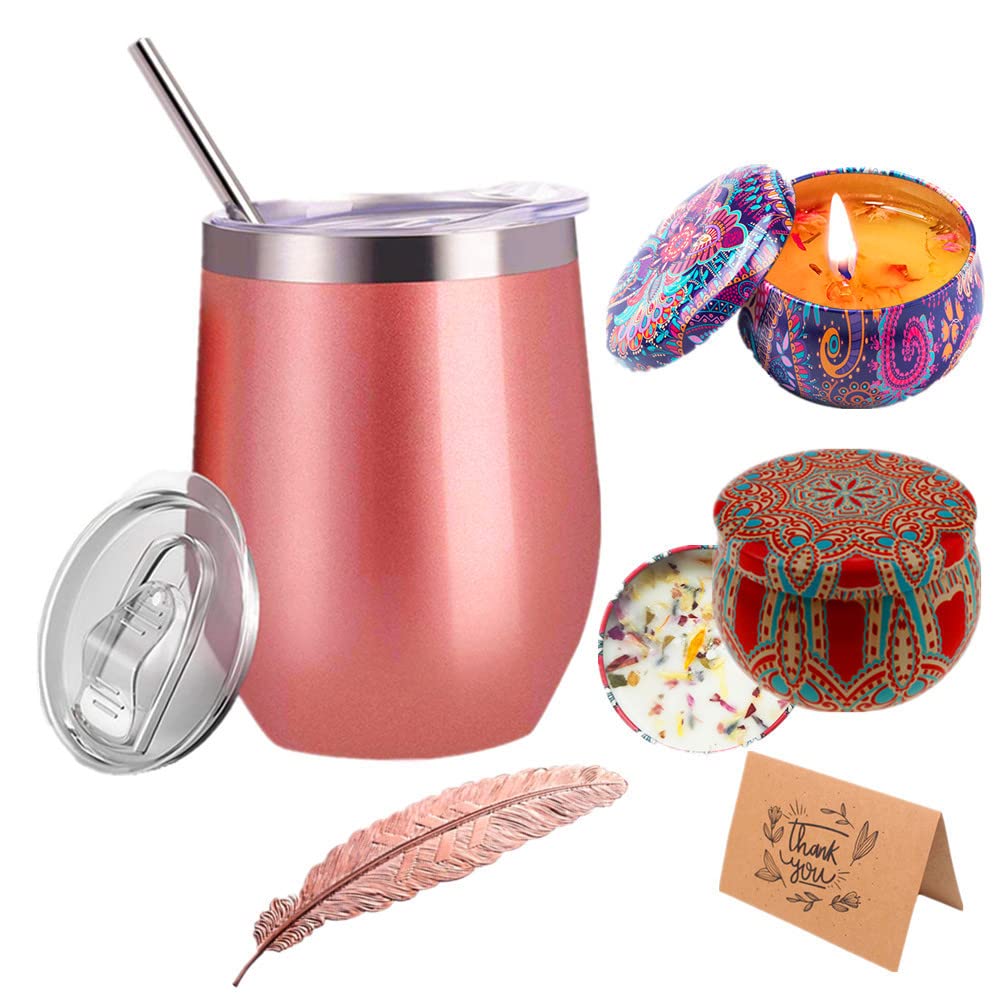 12oz Rose Gold Stainless Steel Insulated Stemless Wine Tumbler with Lid & Straw - Scented Candle, Bookmark Gift Set for Women | Perfect for Wine Lovers, Get Well Soon Gifts, Romantic Evenings & Relaxing Bath Time