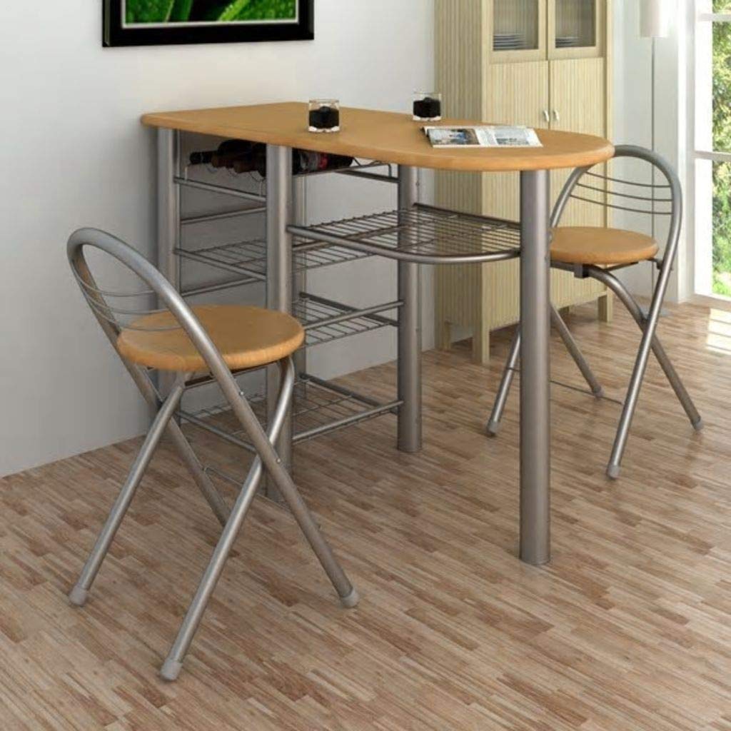H.BETTER Wooden Dining Table Set with 2 Folding Chairs - Compact Breakfast Nook & Small Space Dining Solution - Steel Legs for Stability - Perfect for Apartments, Kitchens & Outdoor Patios
