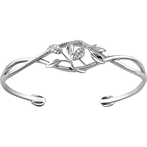 14K White Gold 0.05 CTW Diamond Leaf Design Cuff Bracelet for Women - Elegant Nature-Inspired Jewelry for Weddings, Anniversaries & Special Occasions