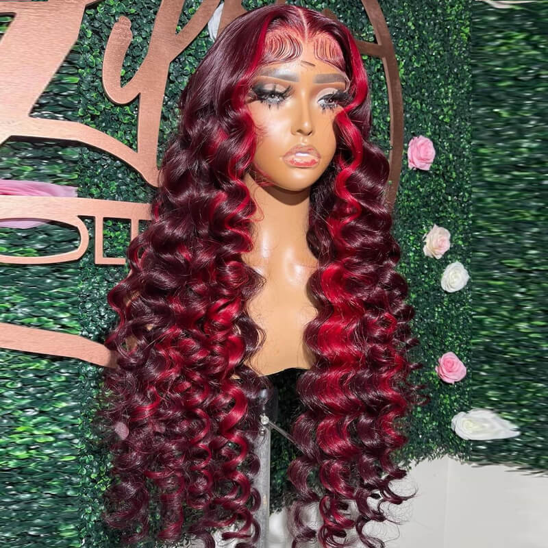 Eullair Burgundy Wine Red Human Hair Lace Front Wig with Crimped Wavy Highlights & Skunk Stripe - Heat Resistant for Styling with Curling Iron, Perfect for Cosplay, Parties & Daily Fashion
