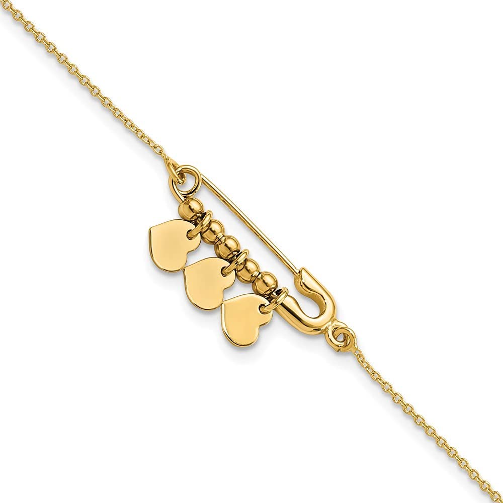 14K Gold Safety Pin Charm Bracelet with Dangling Love Hearts - 7 Inch Adjustable Women's Jewelry Gift for Birthday, Anniversary & Valentine's Day