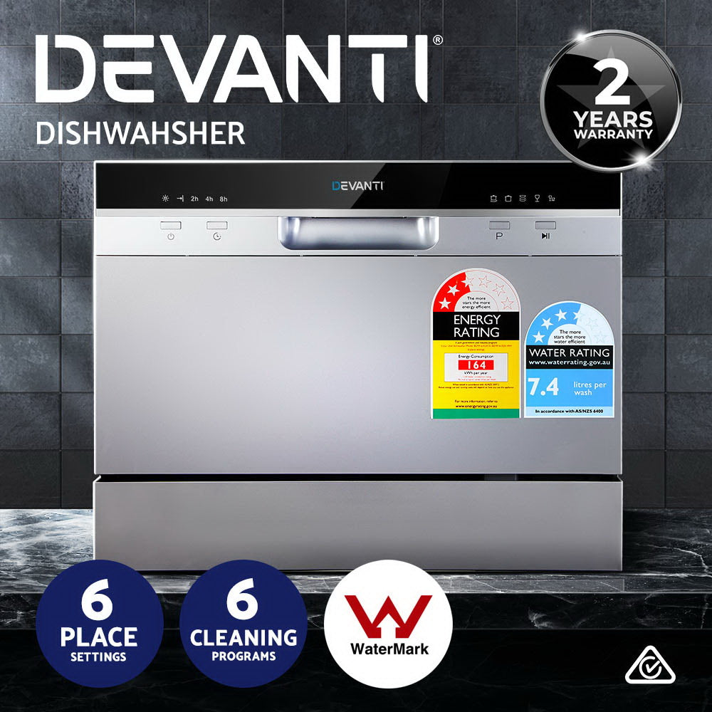 Devanti 6 Place Settings Compact Countertop Dishwasher in Silver - Perfect for Small Kitchens, Apartments & RVs