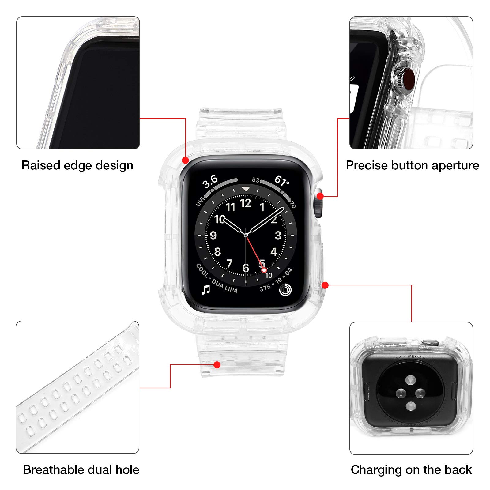 Premium Clear Shockproof Apple Watch Band with Bumper Case - Compatible with 38mm 40mm 42mm 44mm 45mm Apple Watch Series SE/7/6/5/4/3/2/1 - Soft Durable Strap for Women & Men - Perfect for Workouts, Running & Everyday Wear (Transparent)