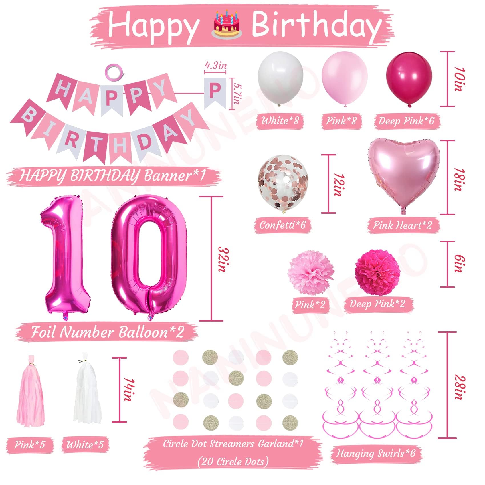 10th Birthday Party Decorations for Girls - Pink & White Balloons, Banner & Supplies | Sweet 10 Year Old Daughter Celebration Decor | Perfect for Kids Birthday Parties, Milestone Decorations & Photo Backdrops