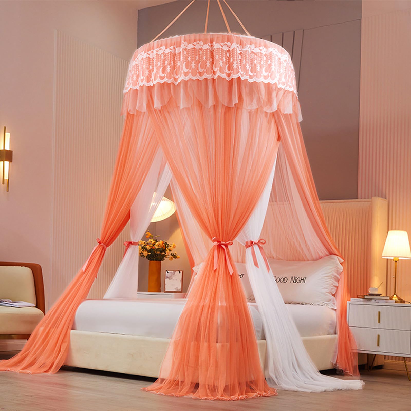 Princess Bed Canopy for Girls - Double Layer Sheer Mesh Dome Canopy with LED String Lights, Round Lace Mosquito Net Tent for Single to Double Bed (Orange) | Perfect for Kids' Bedroom Decor, Birthday Gifts & Fairy Tale Themed Rooms