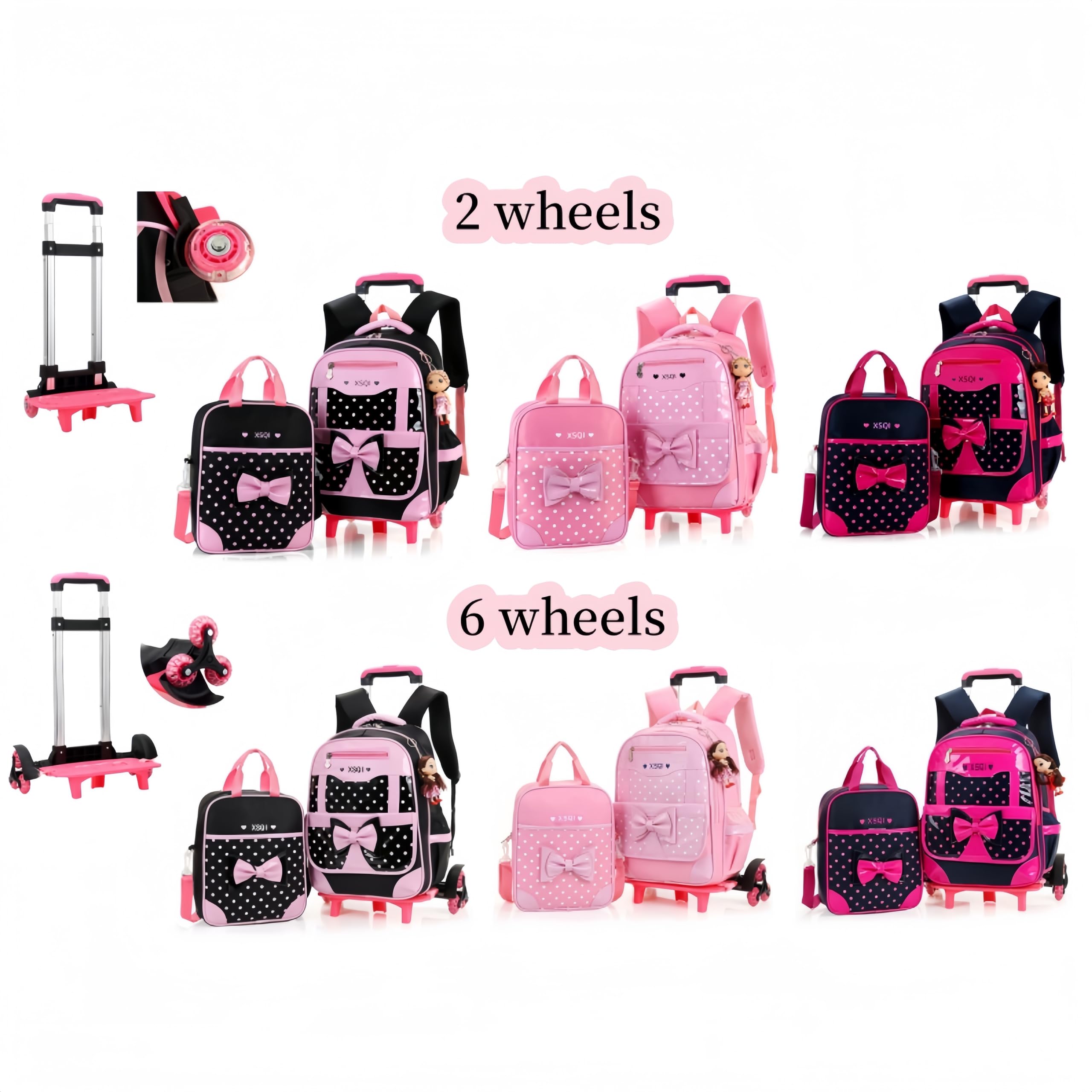 MITOWERMI Rolling Backpack for Girls - Cute Bowknot Wheeled School Bag with Handbag, Trolley Carry-on Travel Luggage for Toddler & Elementary Students | Perfect for School, Travel, and Princess-Themed Outings