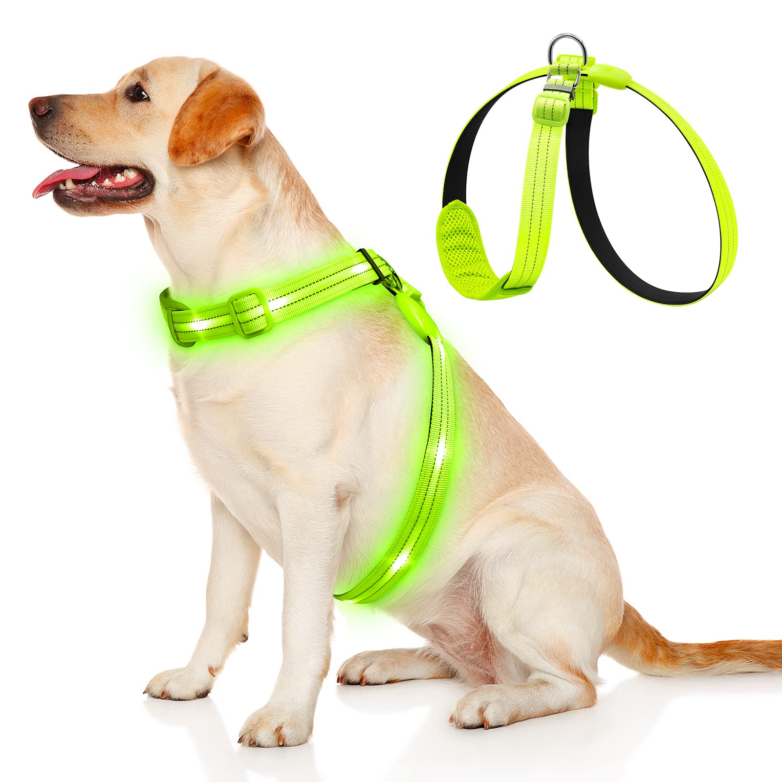 Rechargeable LED Dog Harness with Reflective Strips - Glow in The Dark Light Up Vest for Night Walking, Jogging & Outdoor Safety - Best for Small Medium Large Dogs