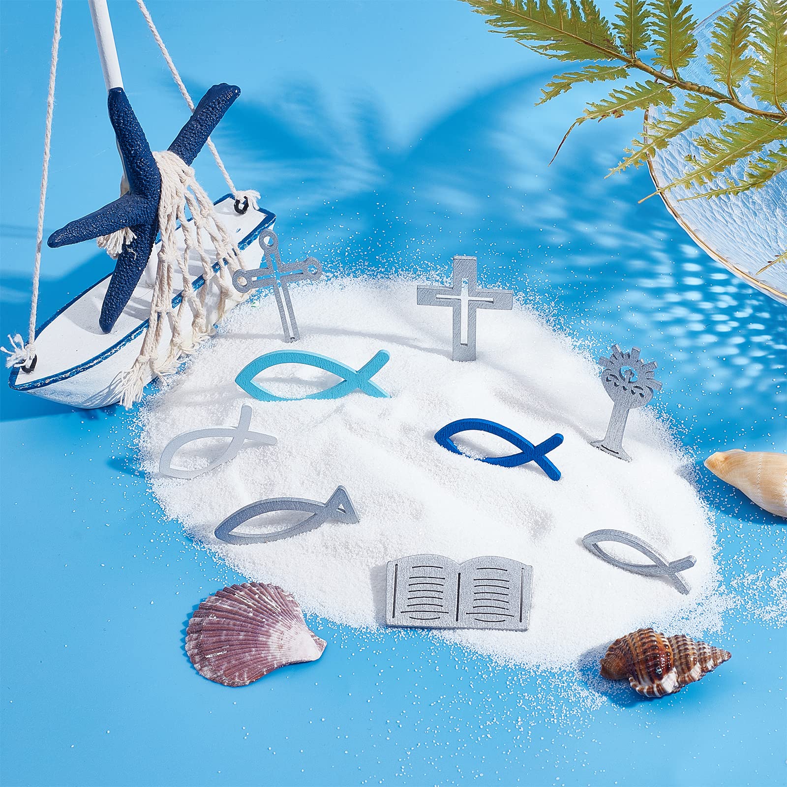 SUPERFINDINGS 180Pcs Blue & White Wooden Fish Decorations - 9 Styles Poplar Wood Jesus Fish Cross Scatter Decor for Baptism, Church Events, Wedding Centerpieces & Table Party Decorations