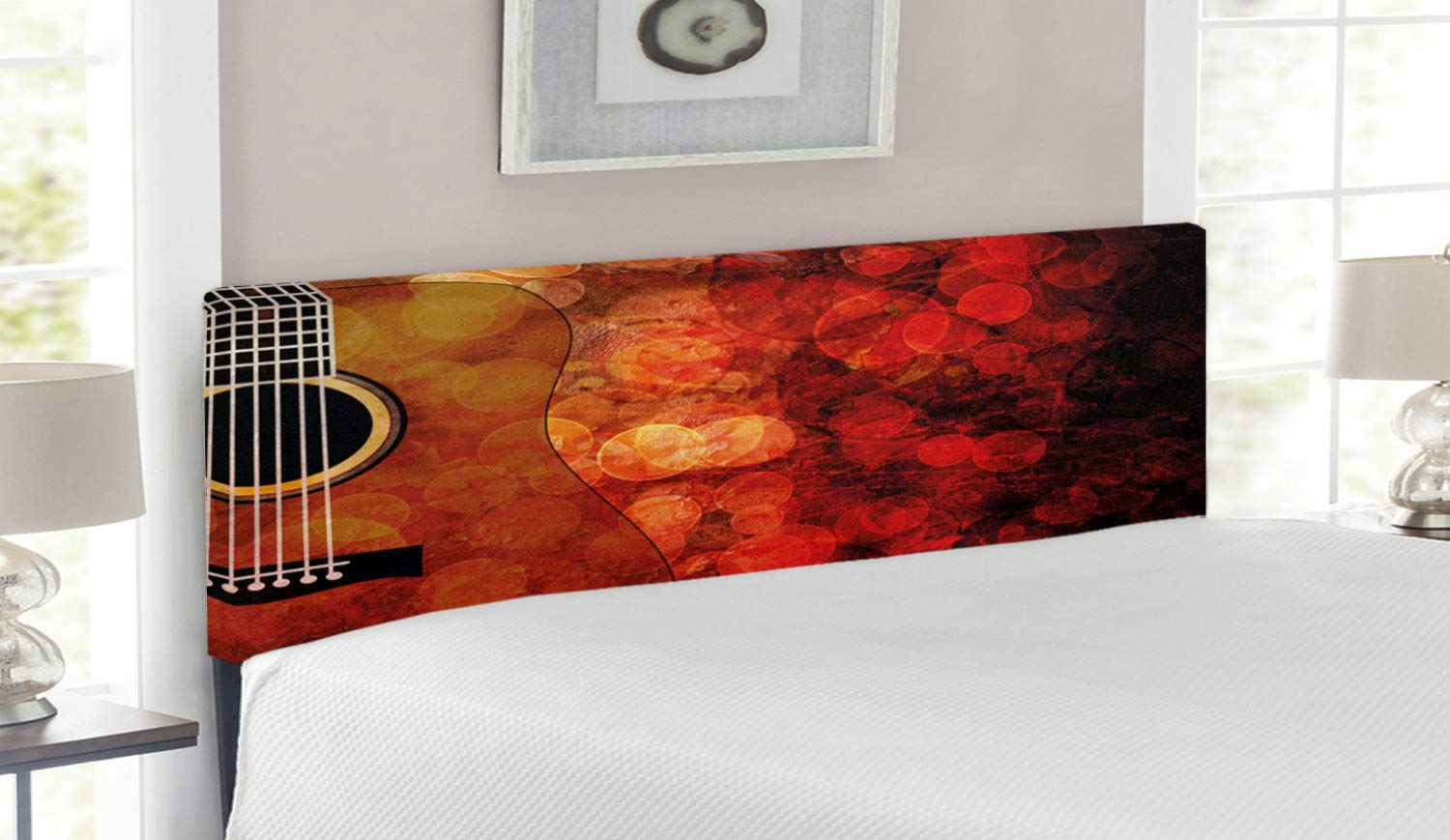 Lunarable Music Headboard - Acoustic Guitar on Vivid Grunge Backdrop Performance Melody Theme Art - Upholstered Decorative Metal Bed Headboard with Memory Foam - Queen Size - Ruby and Scarlet - Perfect for Bedroom Decor, Music Lovers' Room, and Themed Guest Rooms