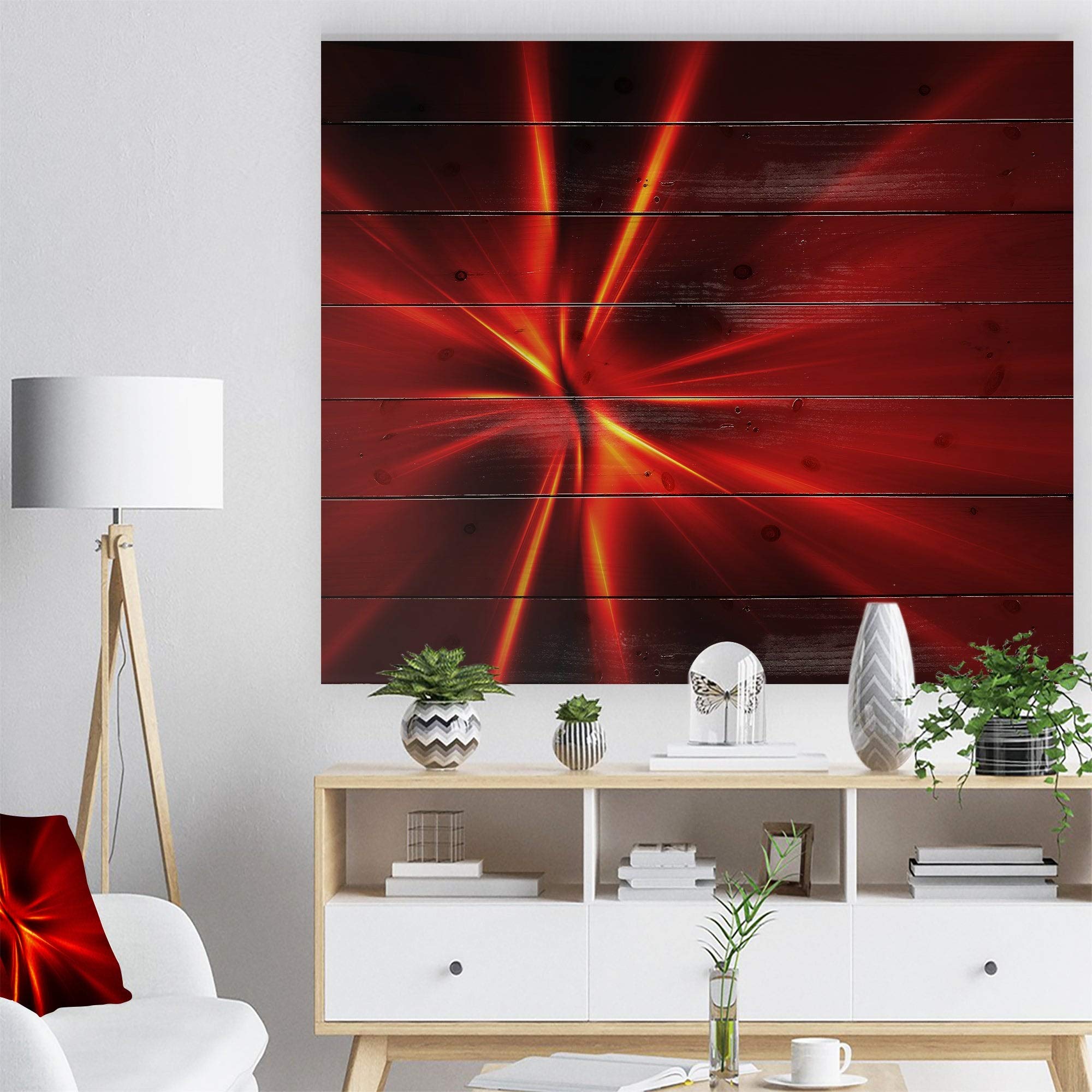 Abstract 'Red and Yellow Rays' Art Print on Natural Pine Wood - 20x15 Inches Wall Decor for Living Room, Bedroom & Office | Modern Home Decor