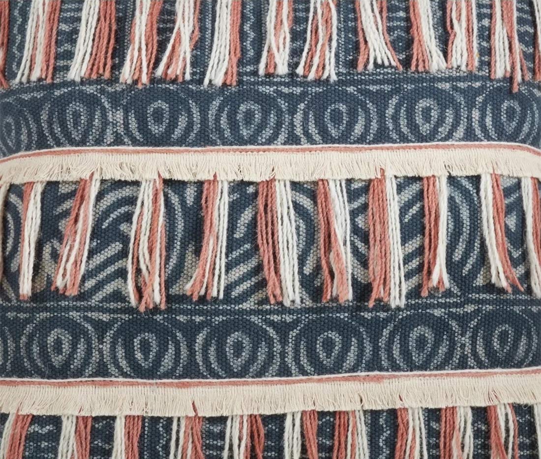 Bohemian Block Print Embroidered Fringe Throw Pillow Cover 28x28 Inch - Blue Cotton Decorative Pillow Case for Couch, Bed, Sofa | Home Decor, Living Room, Bedroom Accent | Perfect for Boho Chic & Special Occasion Gifts