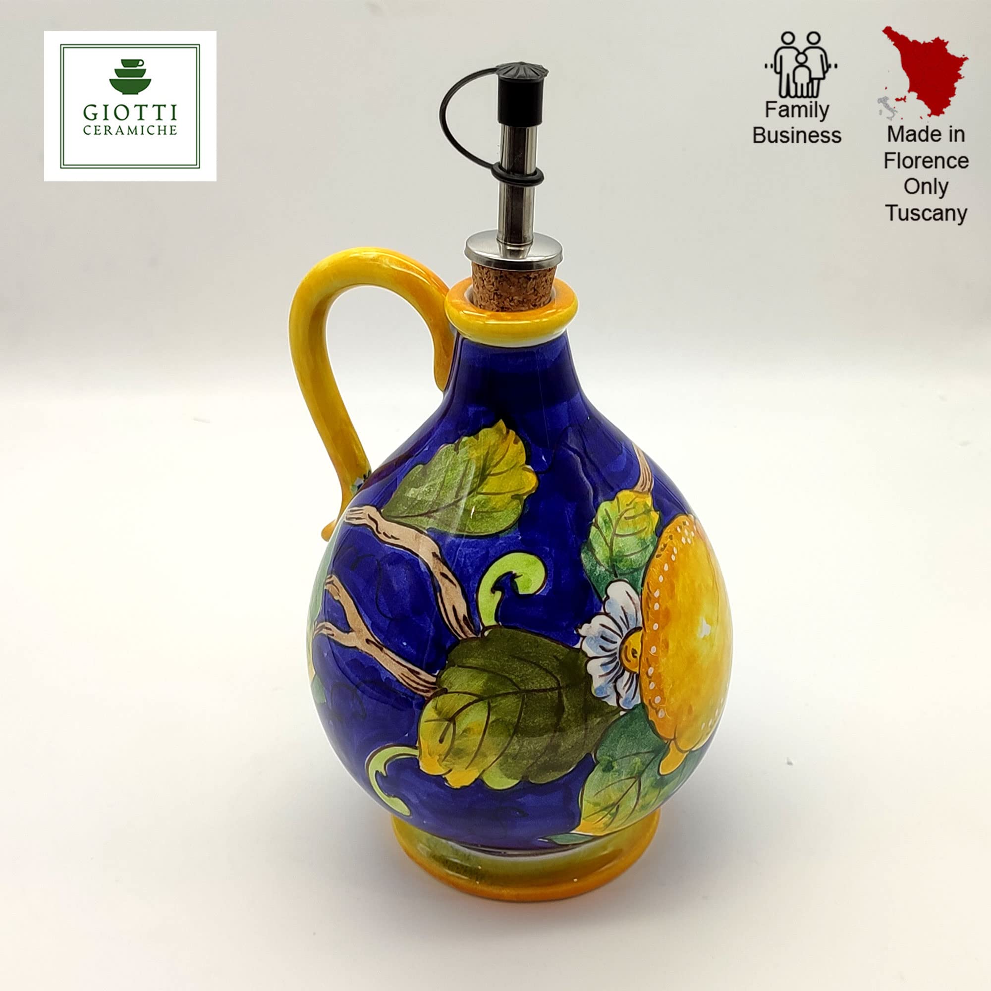 Handmade Italian Ceramic Olive Oil Dispenser Bottle 14oz - Tuscan Lemon Blue Decor Kitchen Cruet by Giotti Ceramiche | Perfect for Cooking, Salad Dressing & Gourmet Oil Presentation | Authentic Hand-Painted Pottery from Italy