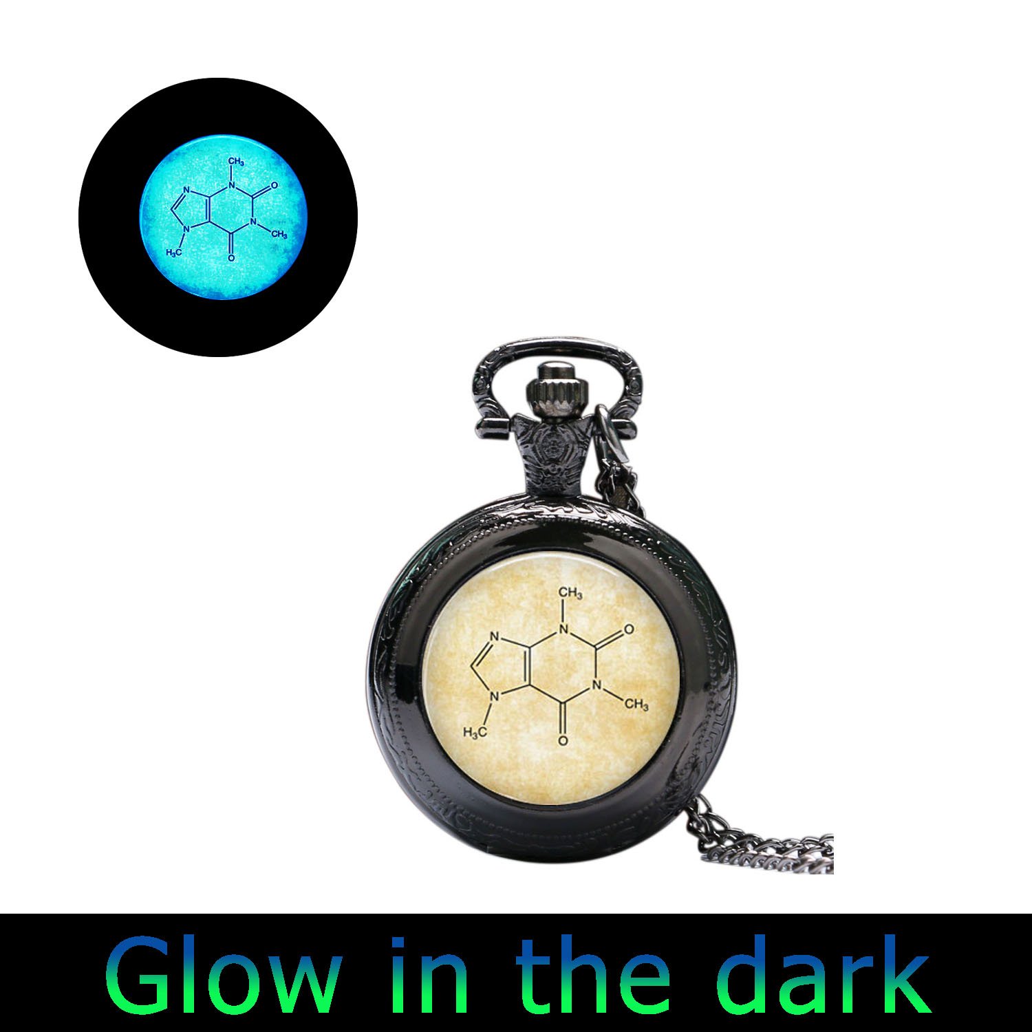Glow-in-the-Dark Chemistry Watch Jewelry - Caffeine Molecule Pendant Necklace - Science Biology Molecular Glass Charm - Perfect for STEM Students, Teachers & Science Lovers - Great Gift for Chemists & Biology Enthusiasts