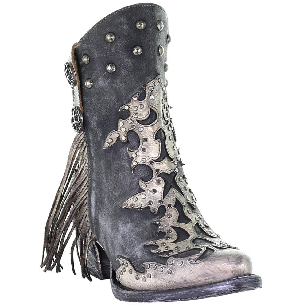 Women's Corral Boots - Metallic Overlay Studded Fringe Pointed Toe Ankle Boots with 1-2