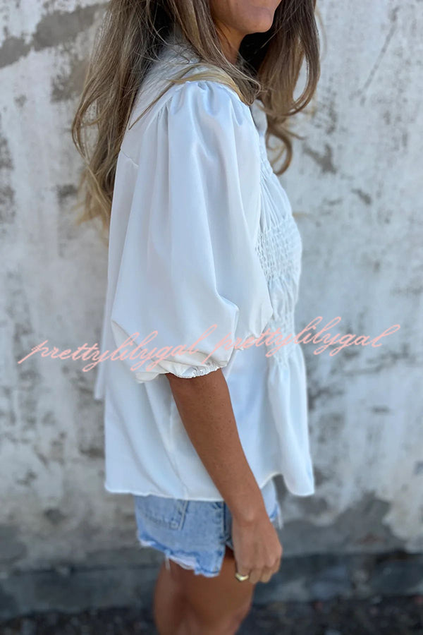 Solid Color Round Neck Button Pleated Short Sleeve Casual Shirt for Women - Summer Office Wear & Weekend Outfits