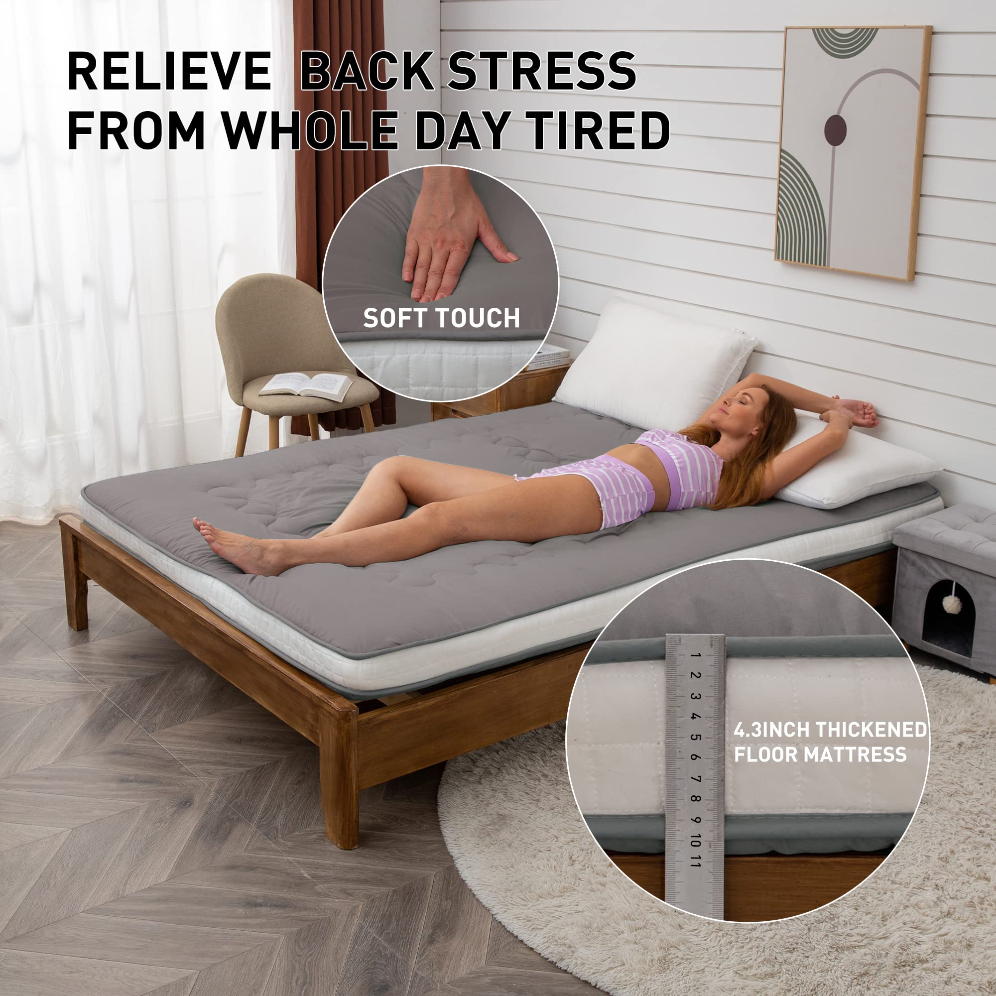 Japanese Floor Futon Mattress - Extra Thick Foldable Roll Up Bed Topper Mat for Guest, Lounger & Travel | Portable Sleeping Solution for Small Spaces, Camping & Home Use