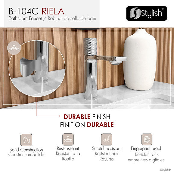 RIELA B104C Single Hole Bathroom Faucet in Chrome Finish - Modern Waterfall Spout Design for Vanity Sinks, Powder Rooms & Guest Bathrooms
