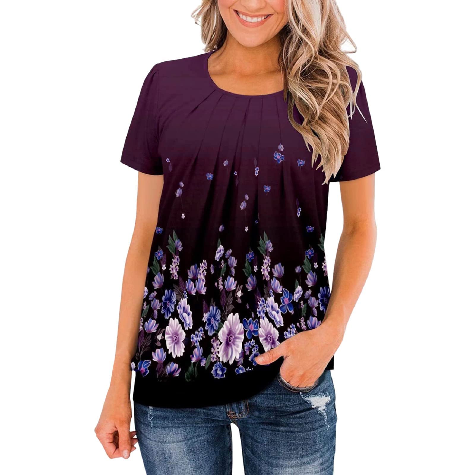 Women's Plus Size Summer Short Sleeve T-Shirt - Floral Printed O-Neck Casual Blouse Top for Women | Perfect for Beach Outings, Weekend Wear & Summer Vacation Outfits