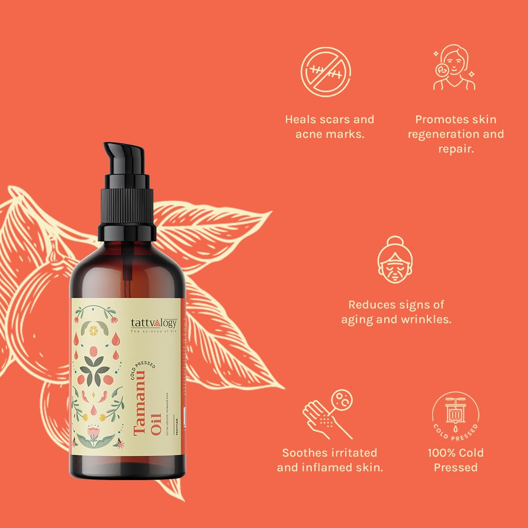 Pure Tamanu Oil (Calophyllum Inophyllum) - 100% Natural Cold Pressed Moisturizer for Face, Body & Hair | Soothing & Healing Skin Care | Glass Bottle 15ml | Perfect for Dry Skin, Acne Scars & Hair Growth