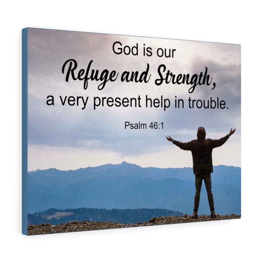 Christian Wall Art with Bible Verse - Psalm 46:1 Refuge & Strength Scripture Print - Ready to Hang Home Decor for Living Room, Bedroom & Office