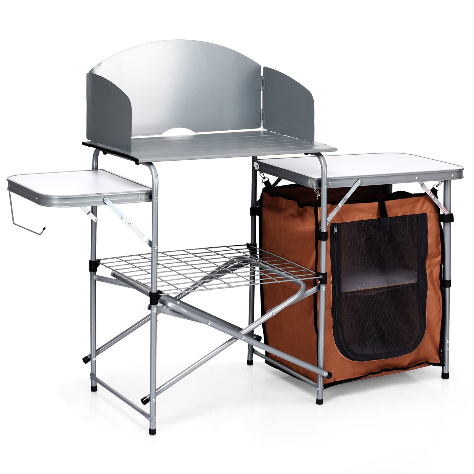 Tangkula Folding Camping Kitchen Table - Portable Aluminum Outdoor Cook Station with Windscreen & Storage Shelves | Quick Setup Camp Grill Table with Carry Bag | Perfect for RV Trips, Backpacking & Picnics