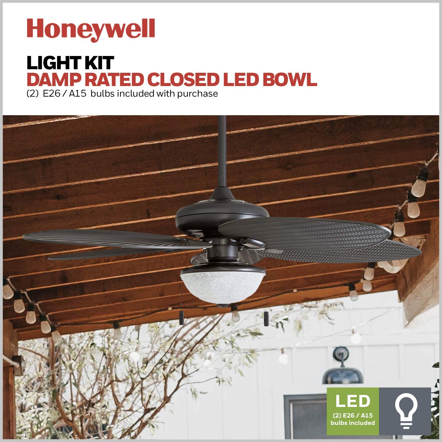 Honeywell 52 Inch Tropical Indoor Outdoor Ceiling Fan with Light Kit, Pull Chain Control, 3 Mounting Options & Weather-Resistant Blades - Bronze (Model 50510-01) - Perfect for Patio, Living Room, Bedroom and Covered Outdoor Spaces