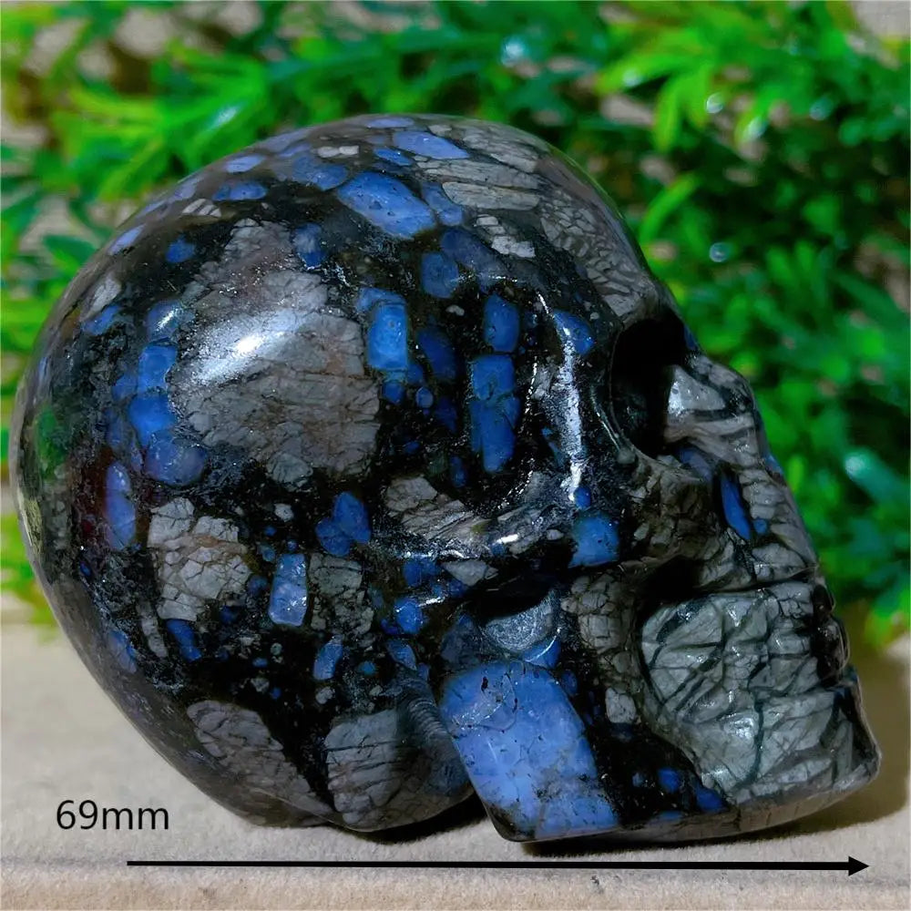 Natural Glaucophane Crystal Skull Carving - Handcrafted Healing Stone Quartz Mineral for Spiritual Decor, Meditation & Home Decoration