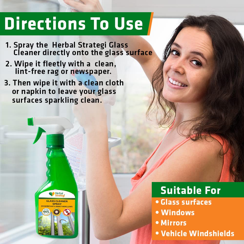 Herbal Strategi Glass Cleaner Spray with Lemongrass, Bhutika Oil, Devadaru Oil & Sarala Oil - 500ml (Pack of 2) | Streak-Free, Natural Cleaning for Windows, Mirrors & Glass Surfaces | Eco-Friendly Home & Office Cleaning Solution