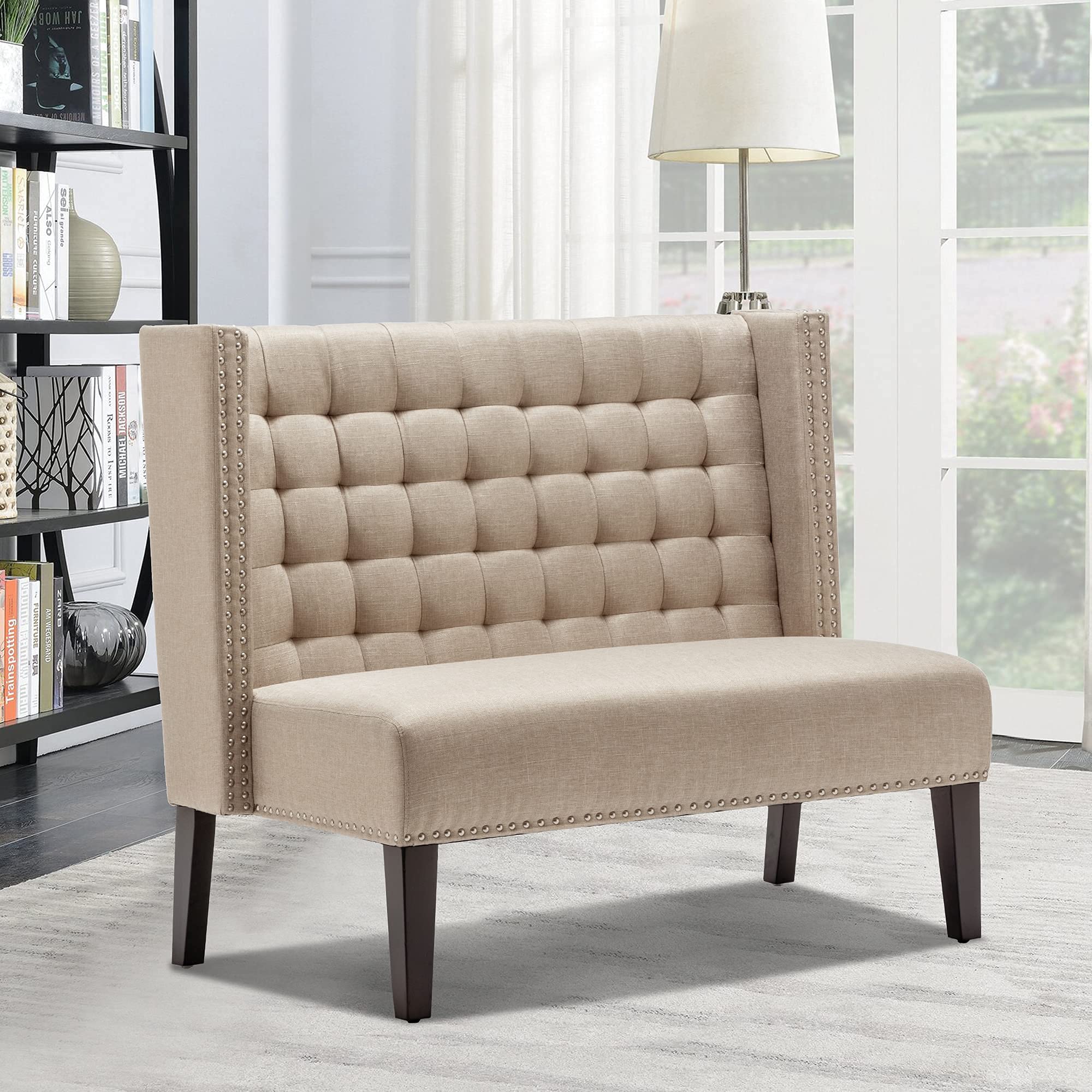 Andeworld Modern Loveseat Sofa - Upholstered Settee Bench with Wooden Legs for Living Room, Dining Room, Entryway or Hallway - Comfortable Banquette Couch in Putty Color - Perfect for Small Spaces, Apartments and Cozy Home Decor