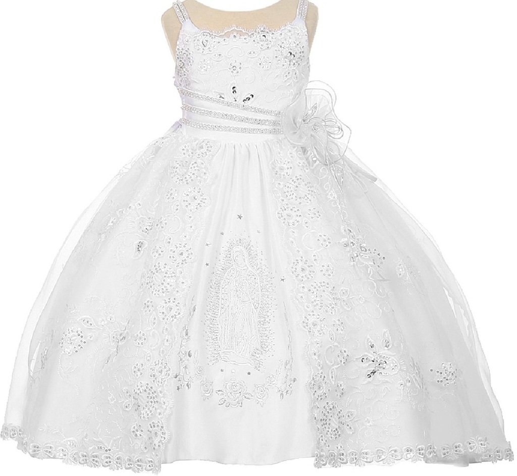 BluNight Collection Spaghetti Strap Virgin Mary Embroidered Baptism Dress for Baby Girls - Perfect for Christening, First Communion & Special Occasions